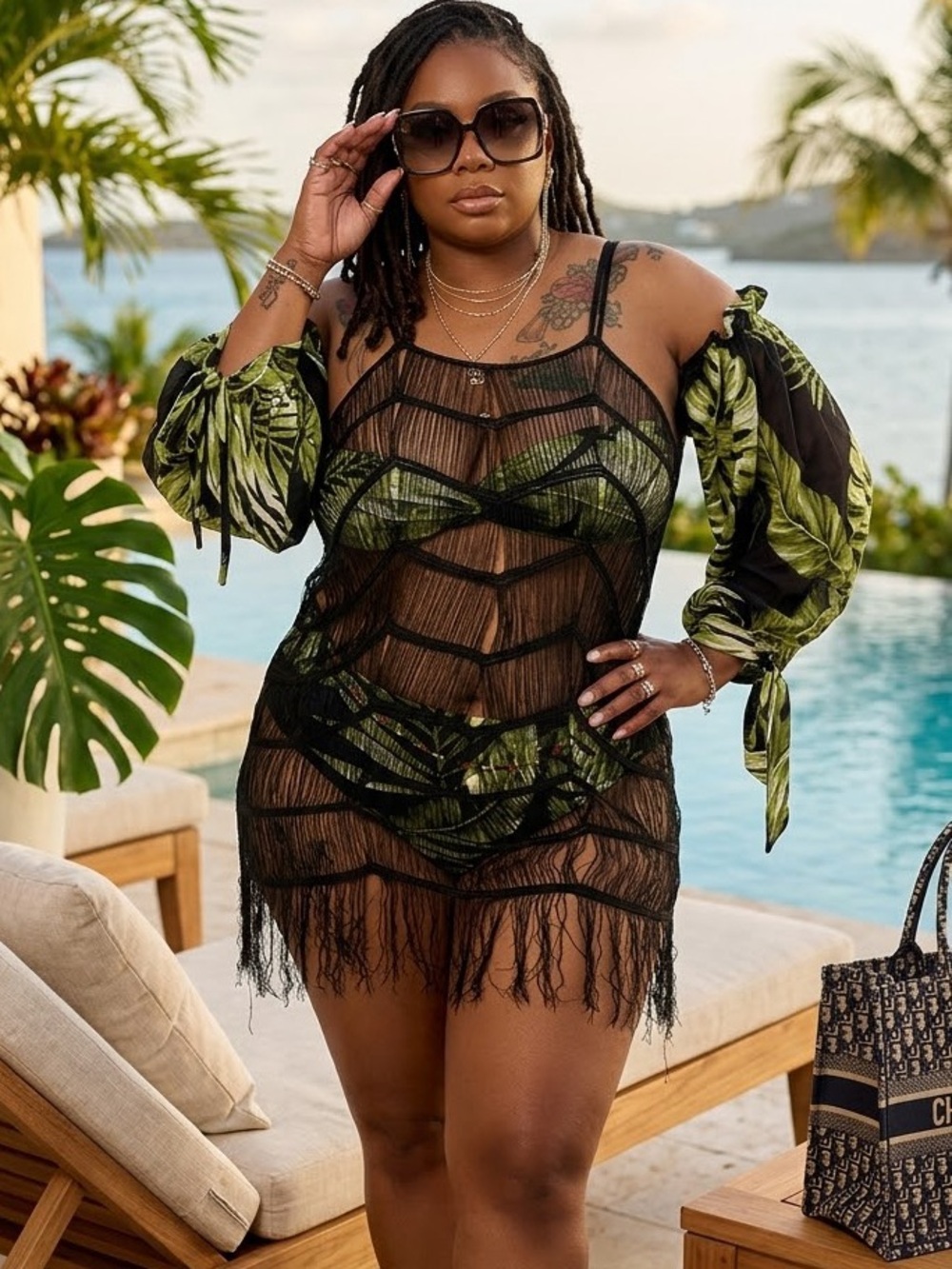 Plus-Size Black Fringe Cover-Up with Green Tropical Print Swim Set